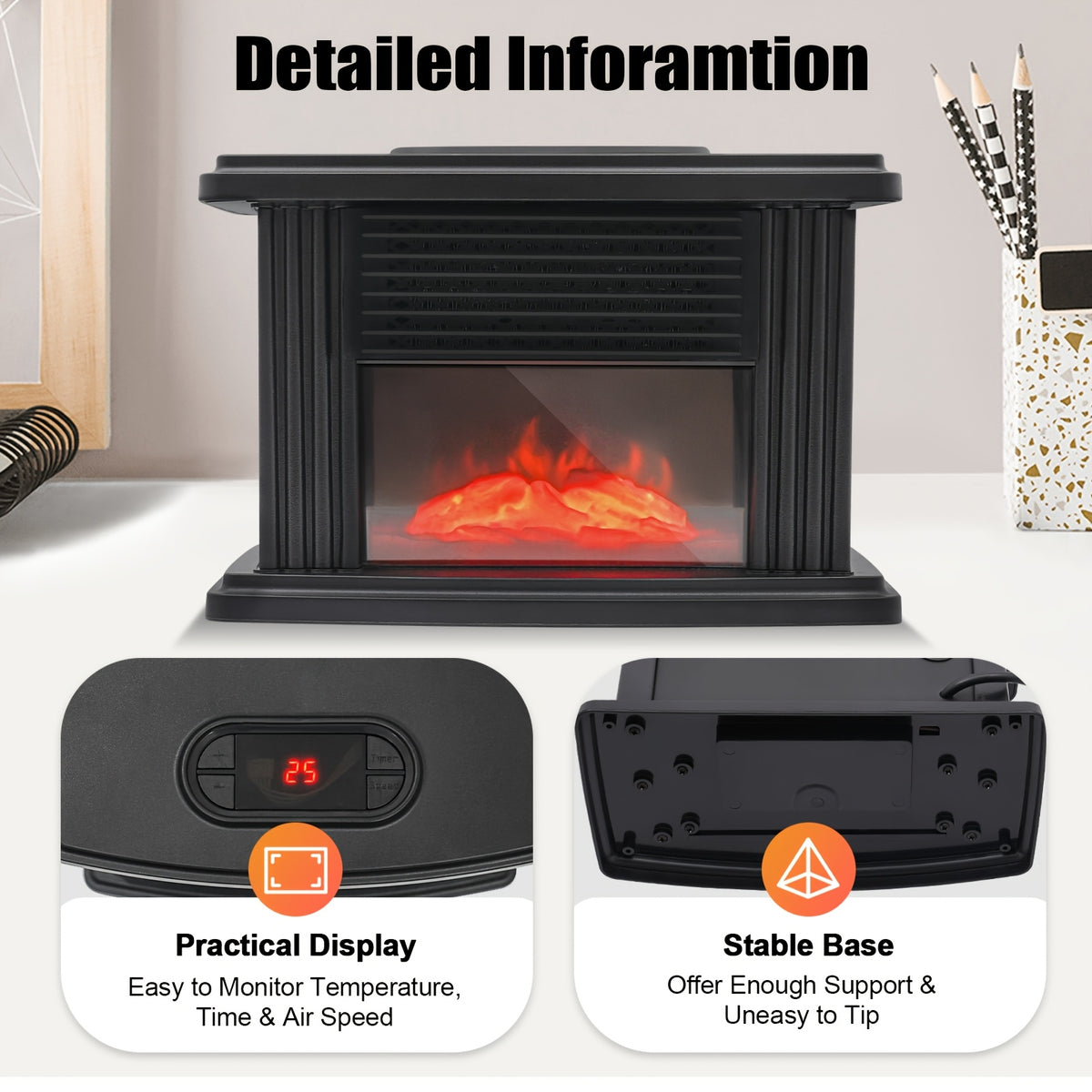 Electric fireplace heater with closeups of its control display and base.