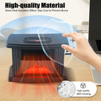 Electric fireplace heater with housing and insulation feature graphics.