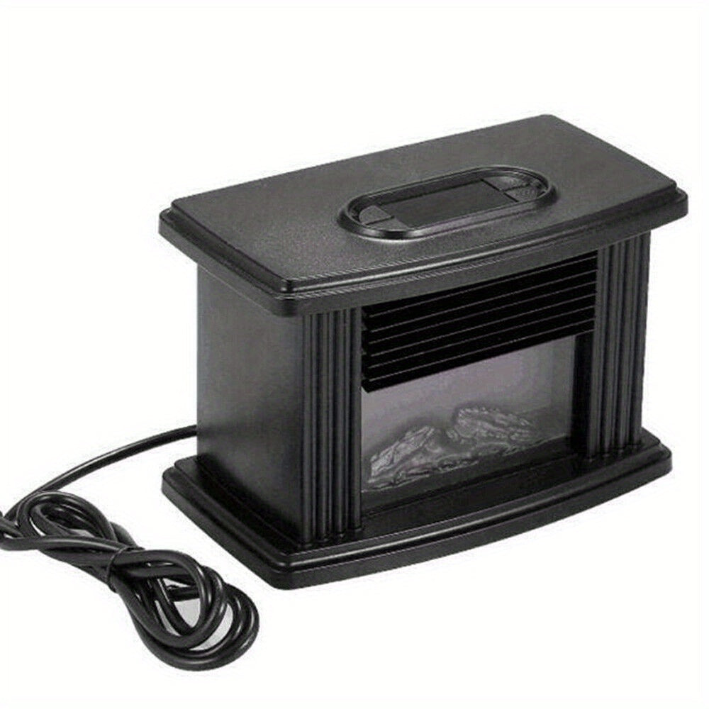 Electric fireplace heater with its power cord on a white background.