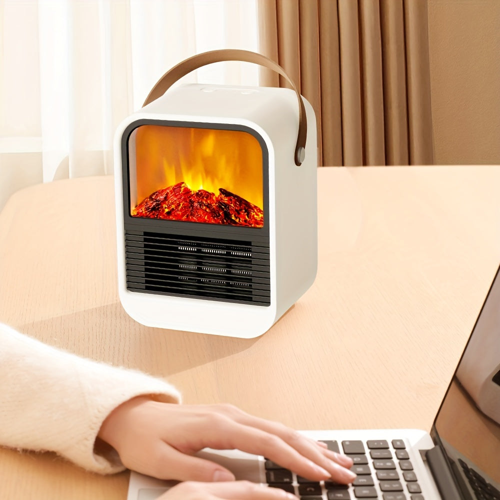 White electric fireplace heater on a desk beside a laptop and window.