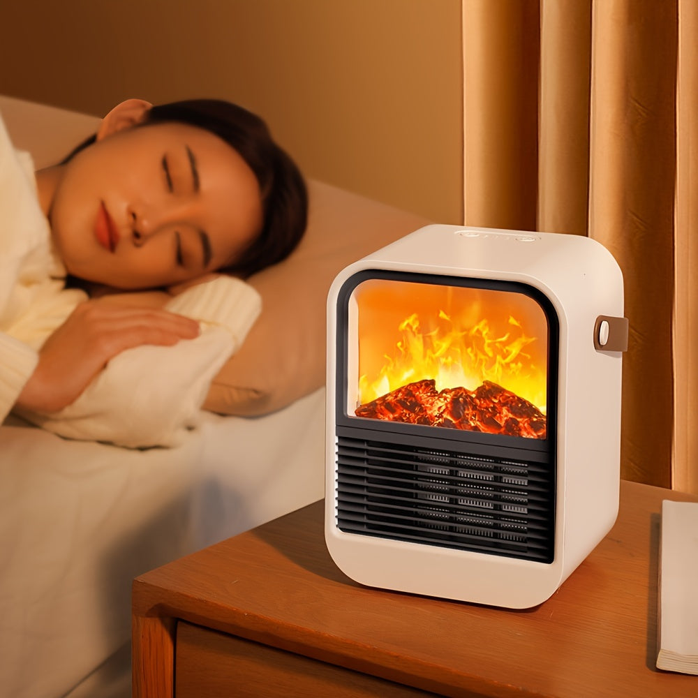 Electric fireplace heater on a bedside table with a sleeping woman in the background.