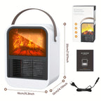 White electric fireplace heater with dimensions, packaging, manual and power cord.