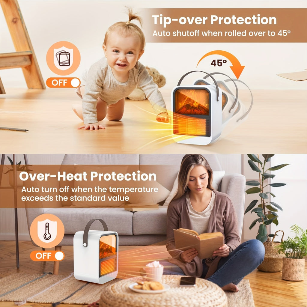 Electric fireplace heater protection diagrams with tip over and overheating illustrations.