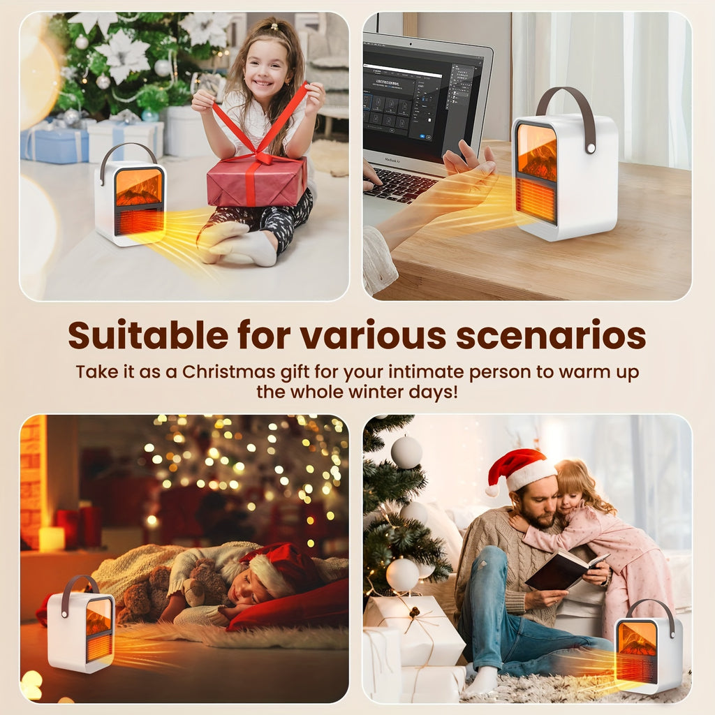 Electric fireplace heater shown in holiday, desk, living room and family scenes.