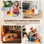 Electric fireplace heater shown in holiday, desk, living room and family scenes.