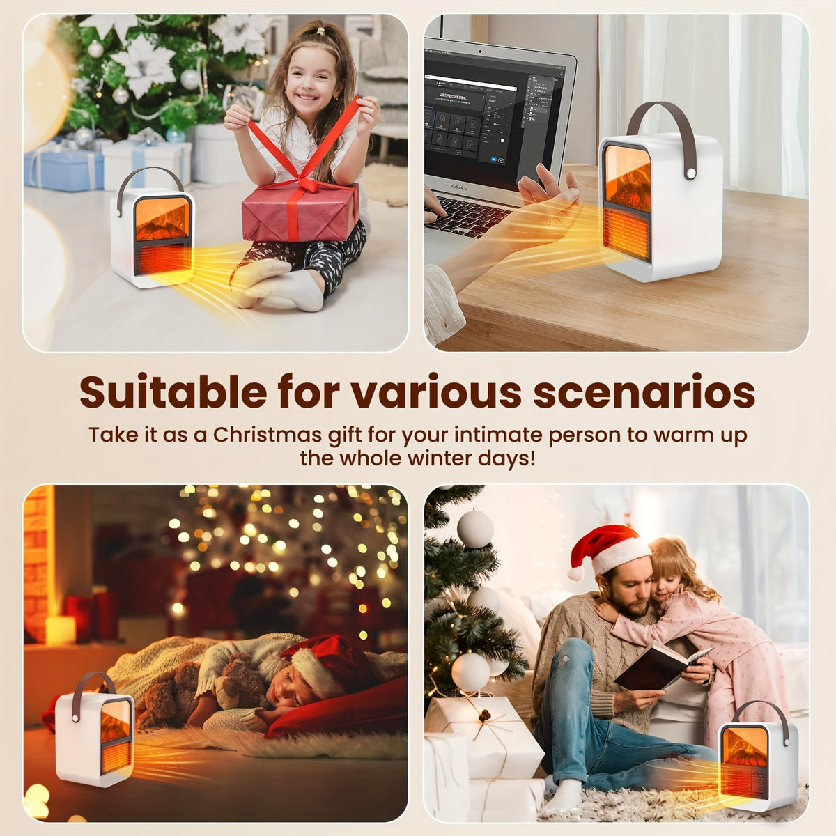 Electric fireplace heater shown in holiday, desk, living room and family scenes.
