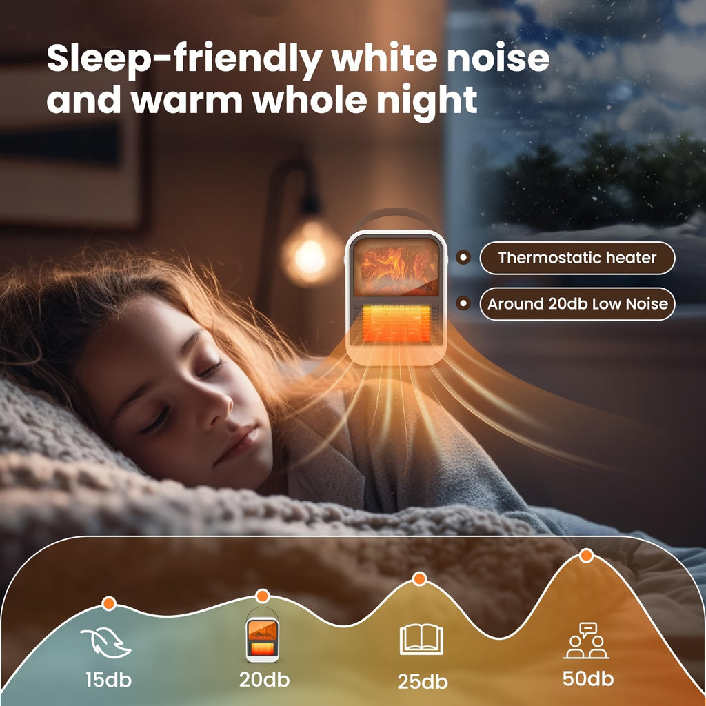 Electric fireplace heater beside a sleeping child with a sound level comparison graphic.