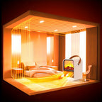 Electric fireplace heater shown inside an illustrated room with orange heat lines.