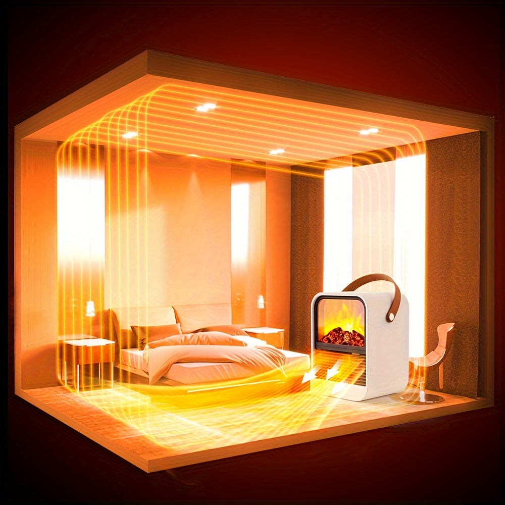 Electric fireplace heater shown inside an illustrated room with orange heat lines.