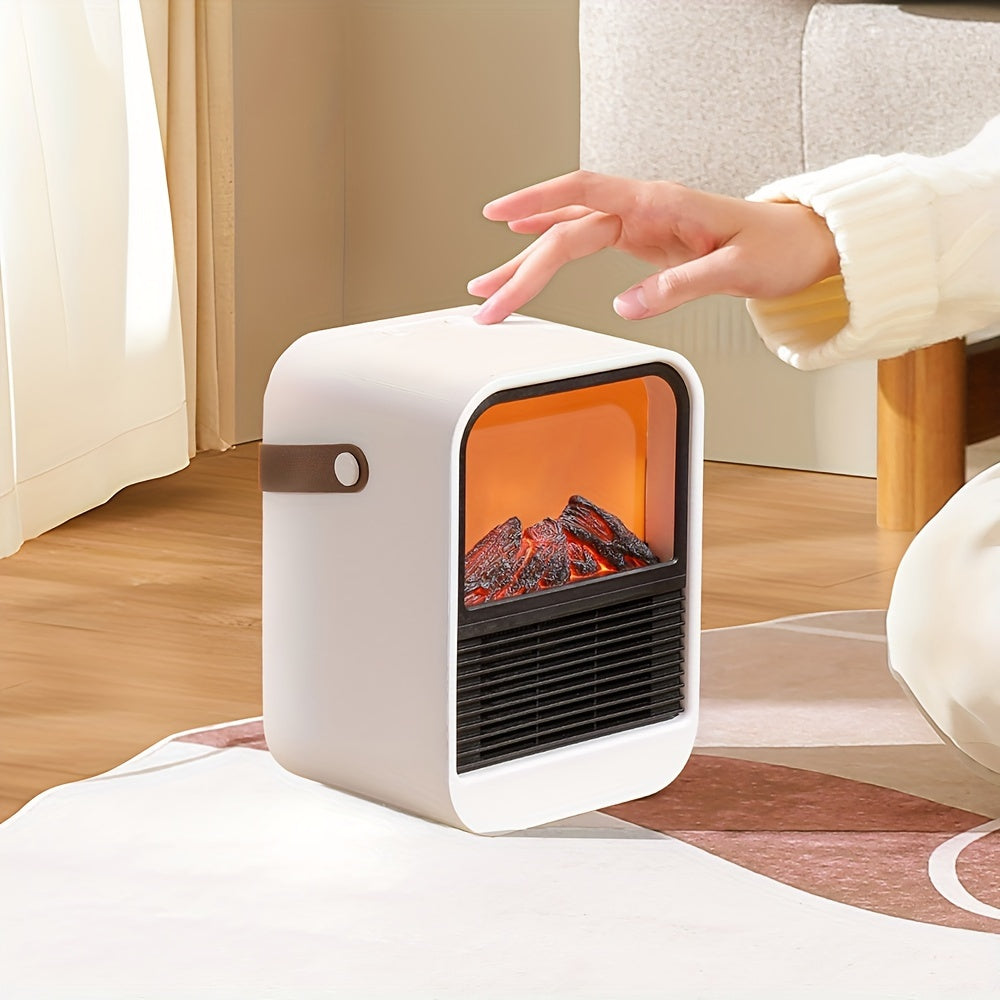 Electric fireplace heater with its carry handle folded down beside a hand.