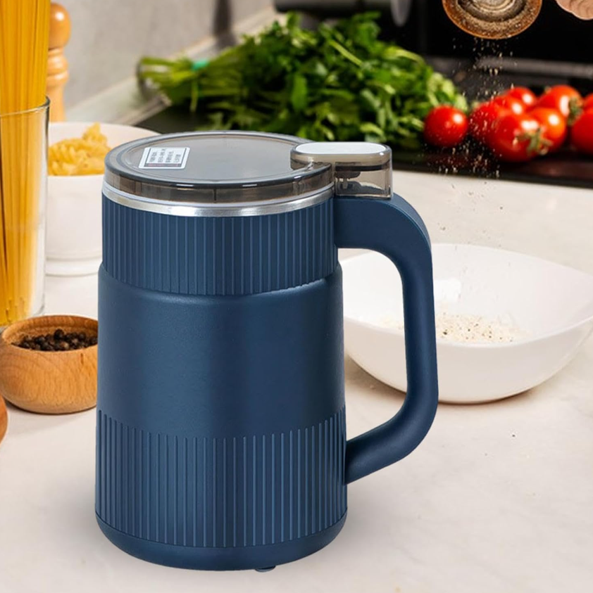 Electric grain mill in blue shown upright on a kitchen counter.