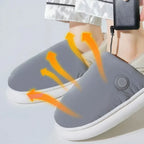 Light gray heated slippers worn indoors
