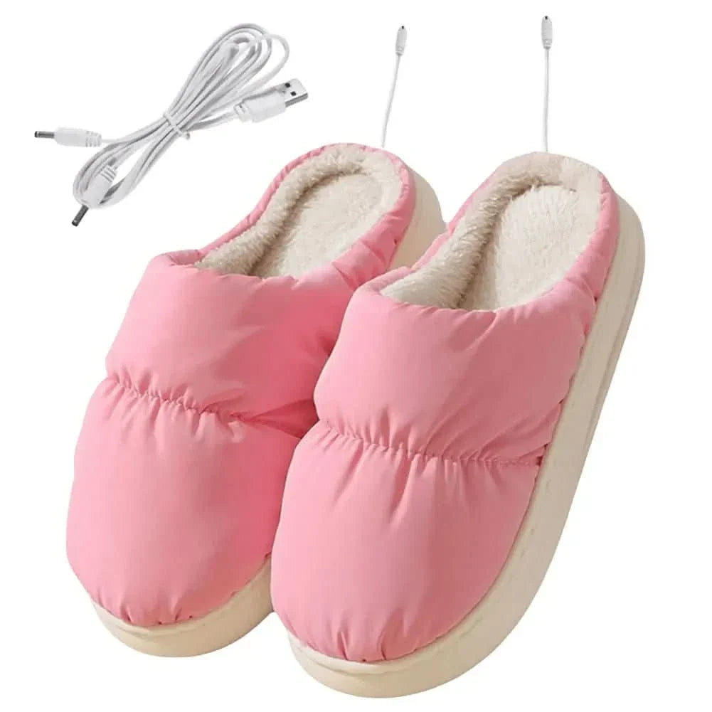 Pink electric heated slippers with USB power cable