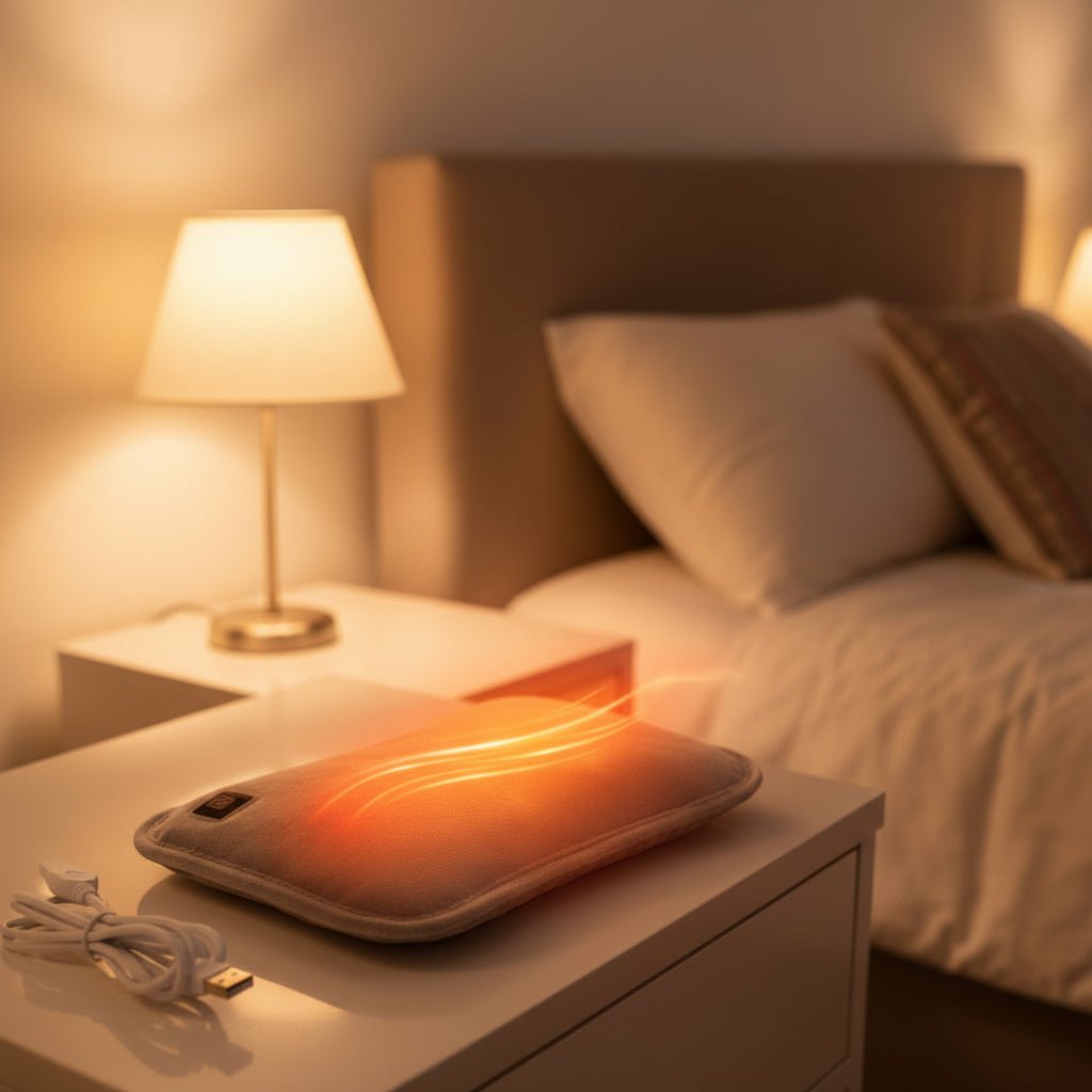 Light gray electric heating pad arranged on a bedside table