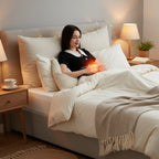 Light gray heating pad used for cozy warmth in bed