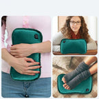 Green electric heating pad shown in several everyday positions