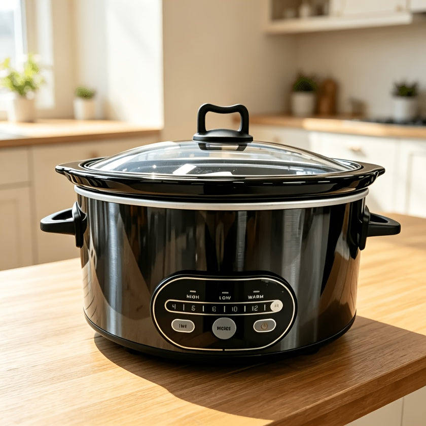 Black electric slow cooker with glass lid on a wooden kitchen counter