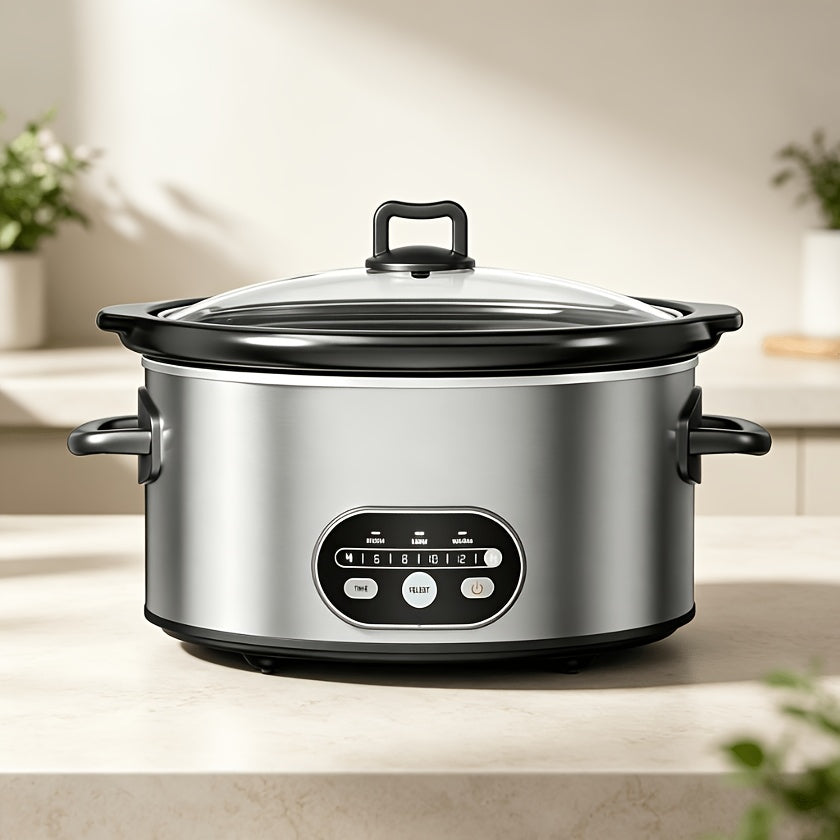 Silver electric slow cooker with glass lid on a kitchen counter