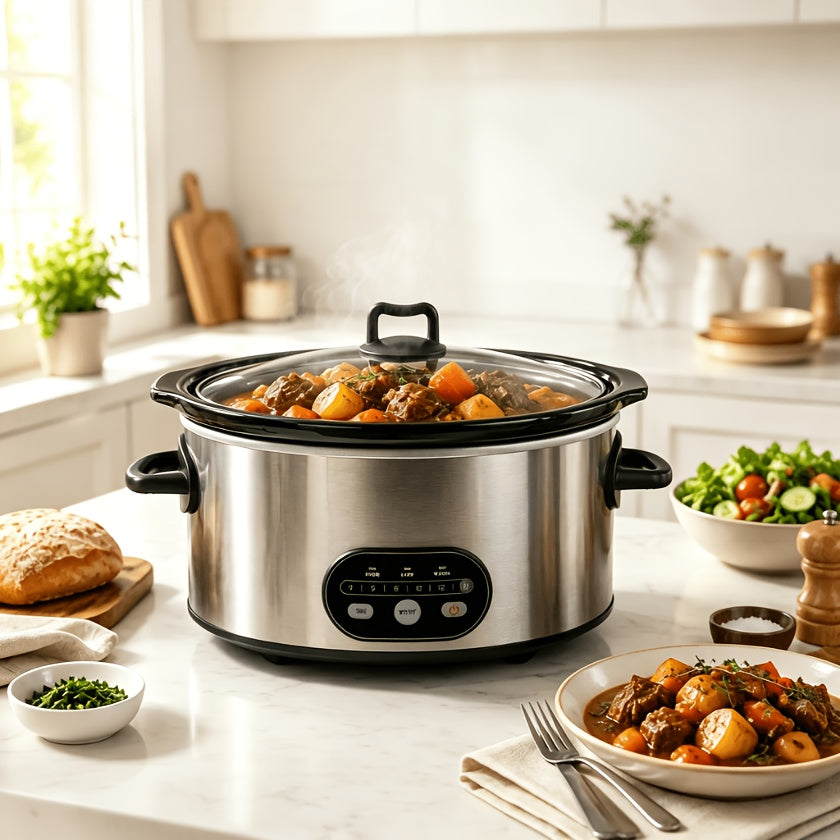 Silver electric slow cooker holding food on a dining table