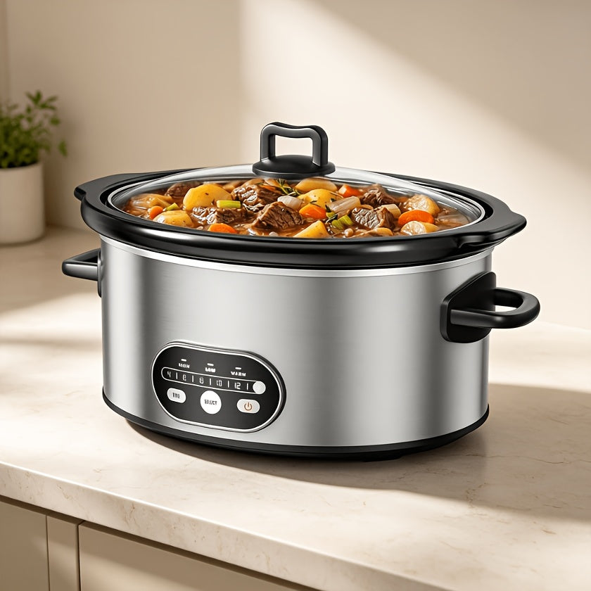 Silver electric slow cooker holding food on a kitchen counter