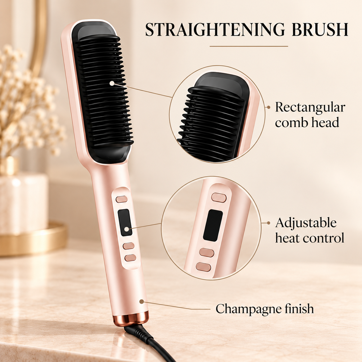 Champagne straightening brush with comb head and adjustable control details