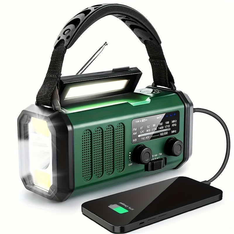 Green emergency radio with a raised reading light and a connected phone