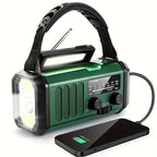 Green emergency radio with a raised reading light and a connected phone