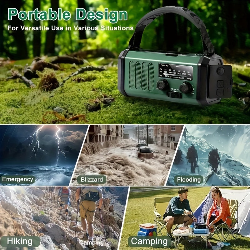Emergency radio displayed in a collage of outdoor settings