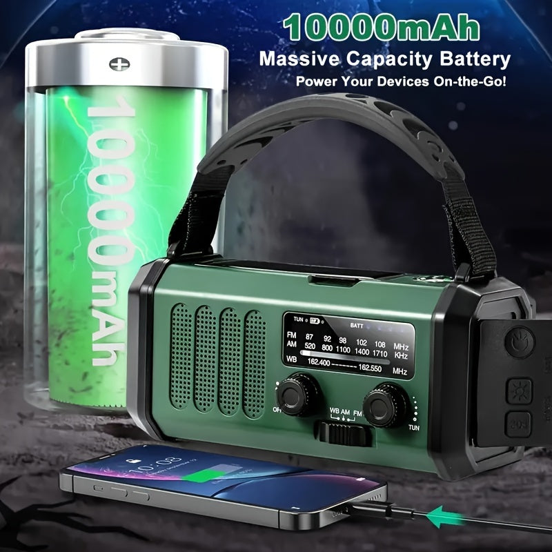 Emergency radio beside a battery illustration and charging phone