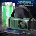 Emergency radio beside a battery illustration and charging phone