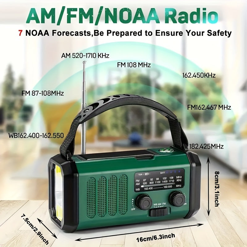 Emergency radio with illustrated tuning bands and dimensions