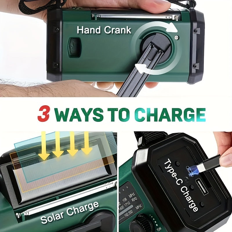 Emergency radio shown in hand crank, solar and USB charging diagrams