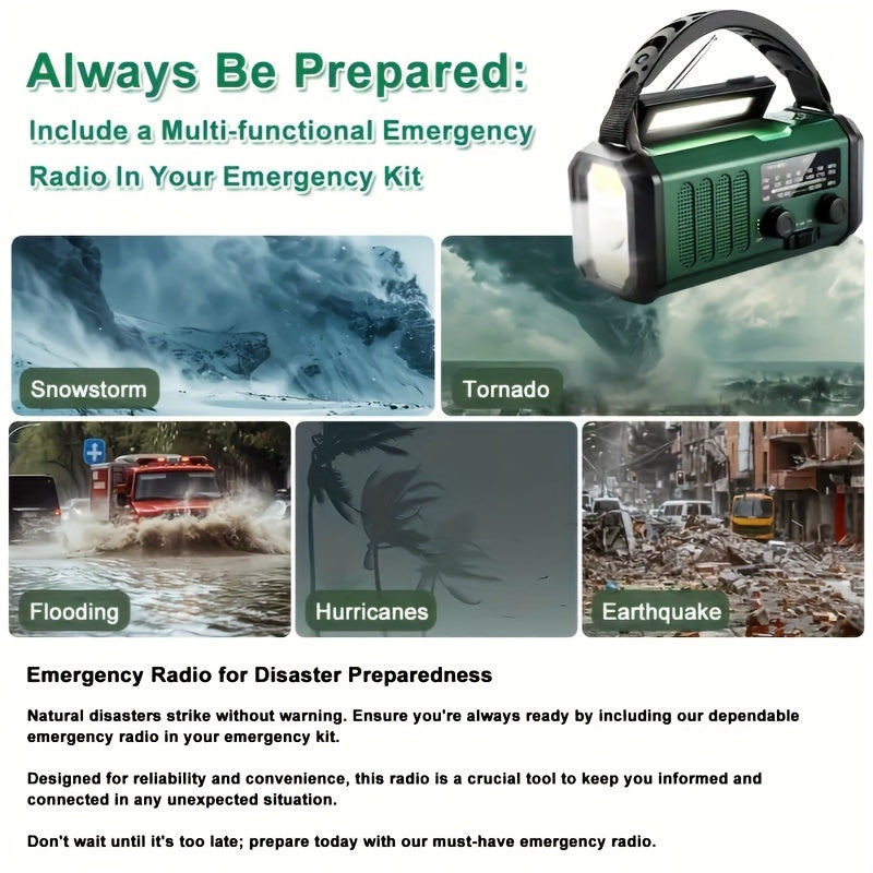 Emergency radio displayed with a collage of severe weather scenes