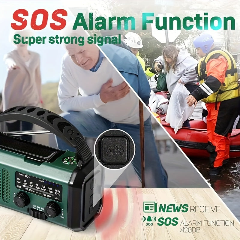 Emergency radio alarm speaker shown beside rescue scene graphics