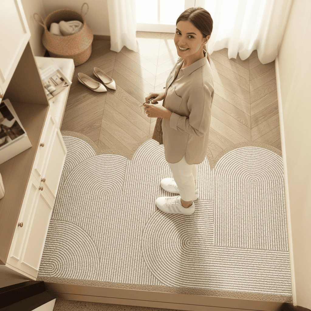 Entry mat with a beige abstract line print beneath a woman in an entryway.