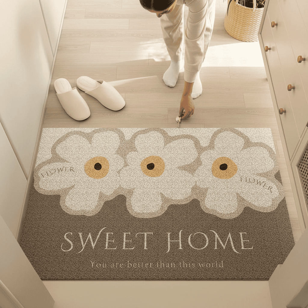 Entry mat with a floral Sweet Home print shown from above.