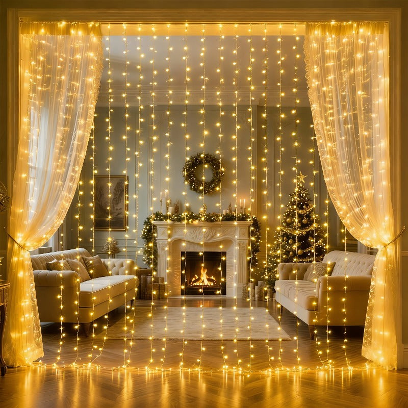 Warm white fairy curtain lights draped across a living room window.