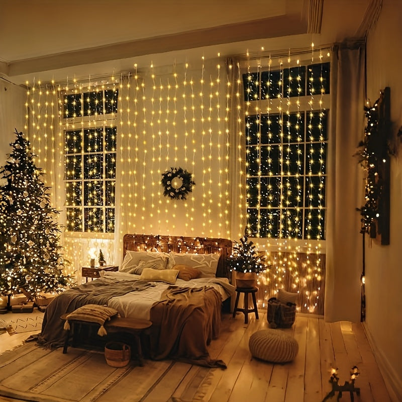 Fairy curtain lights spanning a festive living room window beside a Christmas tree.