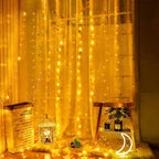 Fairy curtain lights hanging beside a chair and decorative lantern.
