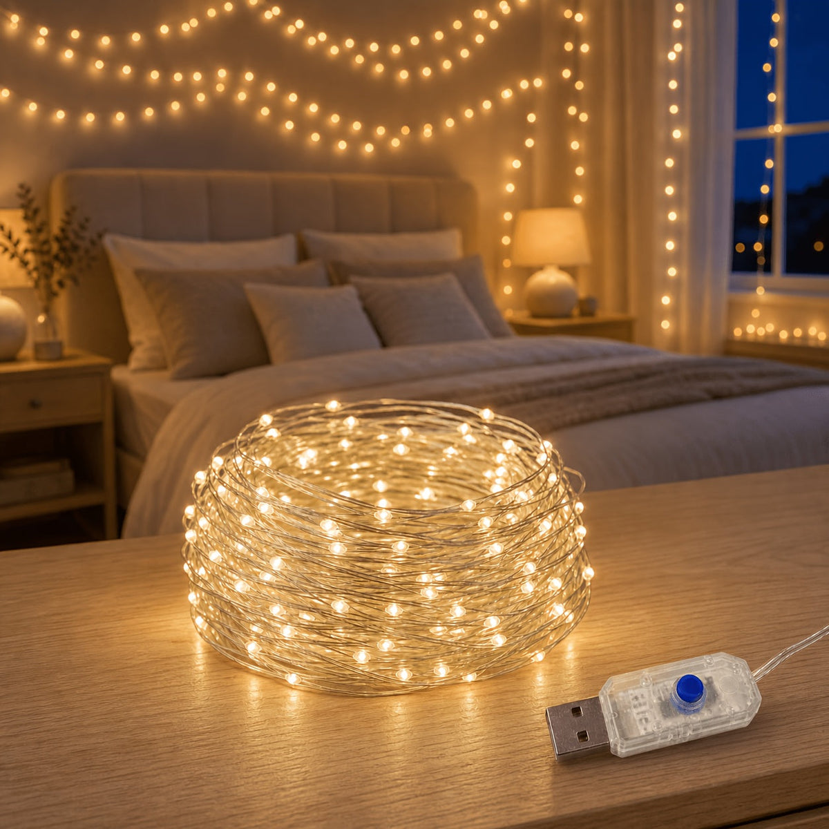 Fairy string lights coiled on a bedside table with a USB push button controller.