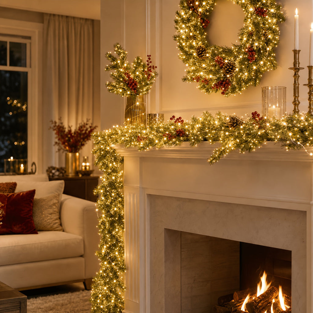 Fairy string lights decorating garlands and a wreath above a fireplace.