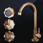 Faucet in antique brass shown with close-ups of the aerator and handle.