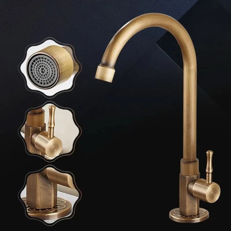 Faucet in antique brass shown with close-ups of the aerator and handle.