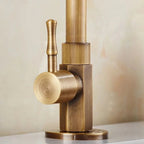Faucet in antique brass shown close up at the single control handle.