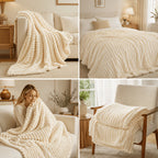 Collage showing a cream faux fur throw blanket on beds and chairs.