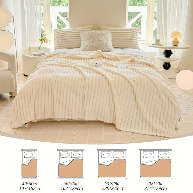 White faux fur throw blanket spread across a bed by a window.
