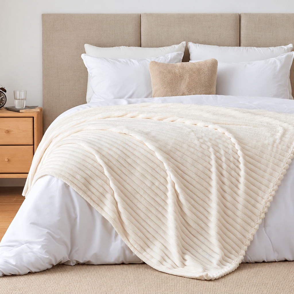 White faux fur throw blanket laid diagonally over white bedding