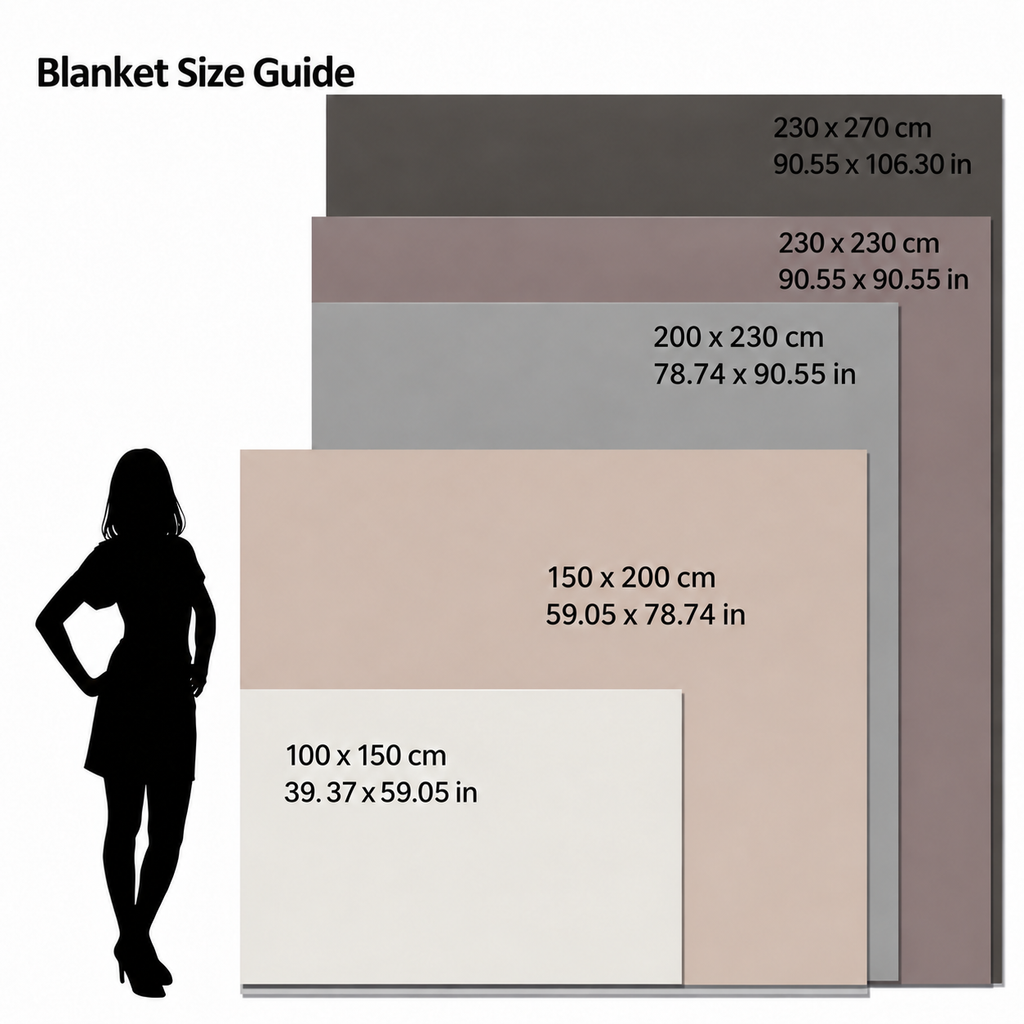 Faux fur throw blanket size guide showing five sizes in centimeters and inches