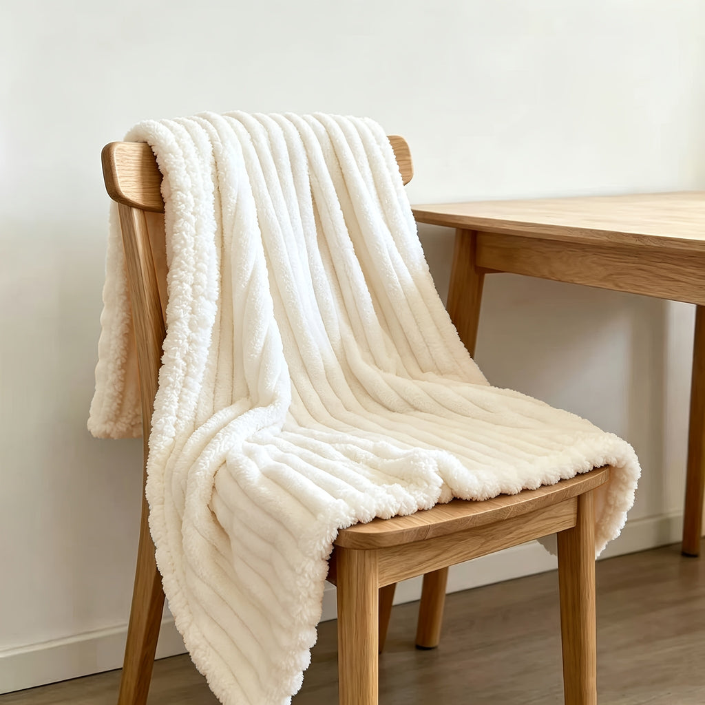 Cream faux fur throw blanket draped over a wooden chair.