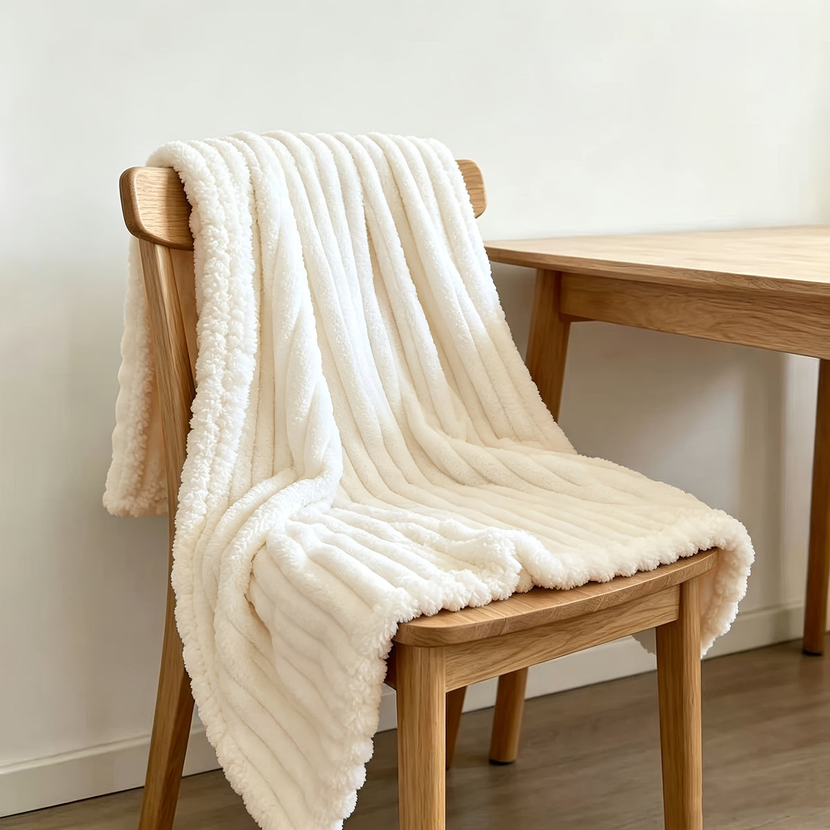 Cream faux fur throw blanket draped over a wooden chair.